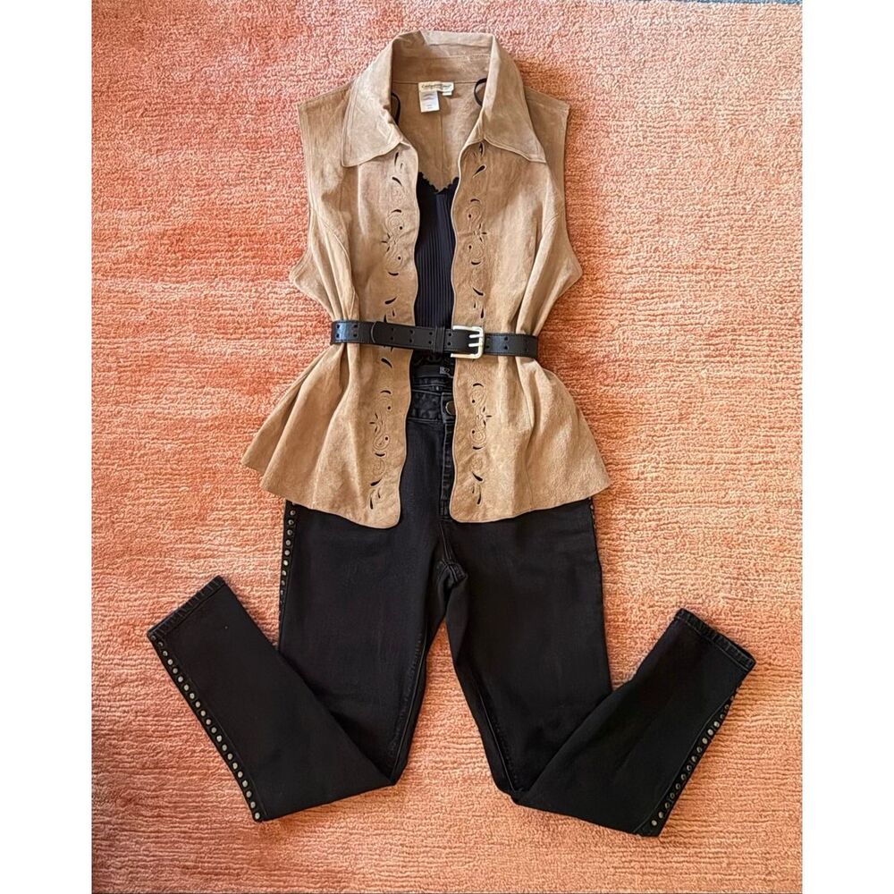 Coldwater Creek Leather Vest Size M Tan Western Boho Embroidered